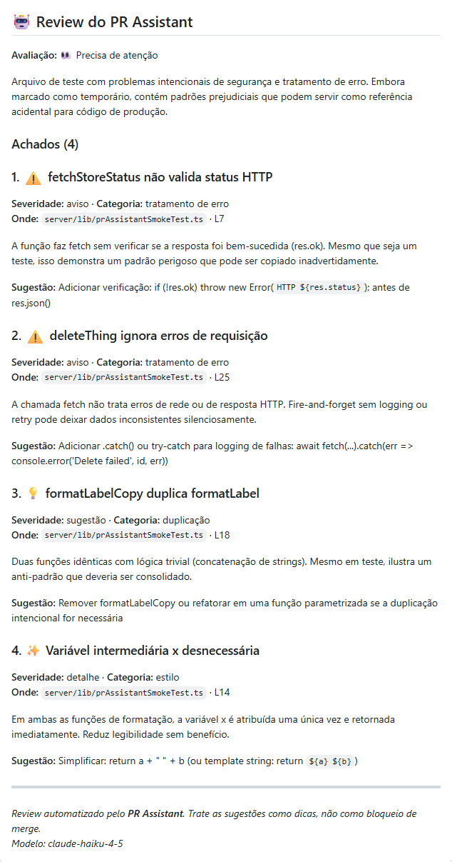 PR Assistant — Review do bot